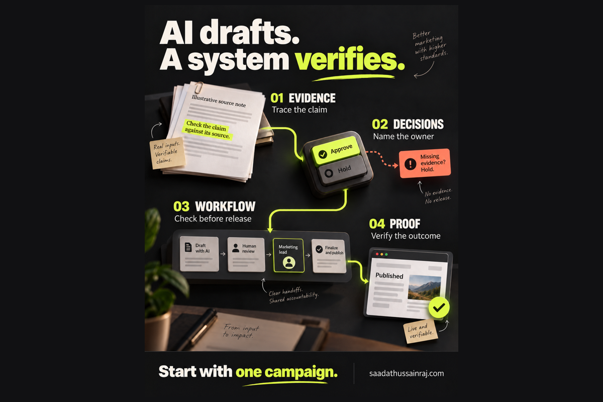 Four checks in an AI-assisted marketing workflow: evidence, decisions, workflow and proof. Illustrative AI-generated artwork.